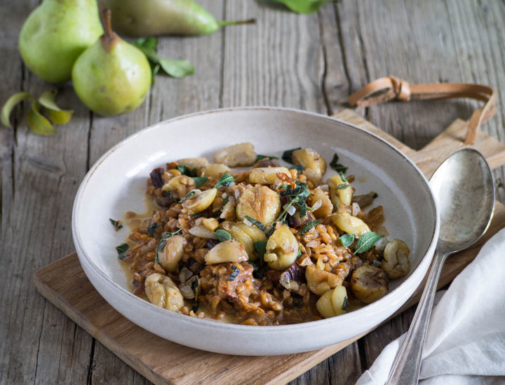 Dinkel-Risotto mit Birnen und Marroni