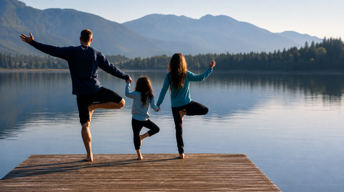Familie bei Gleichgewichtsübungen am Bergsee