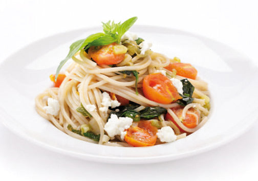 Dinkel-Spaghetti mit Frischkäse und Cherrytomaten