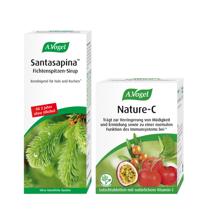 A.Vogel Santasapina™ Fichtenspitzen-Sirup ohne Alkohol 200 ml & A.Vogel Nature-C – Produktverpackung