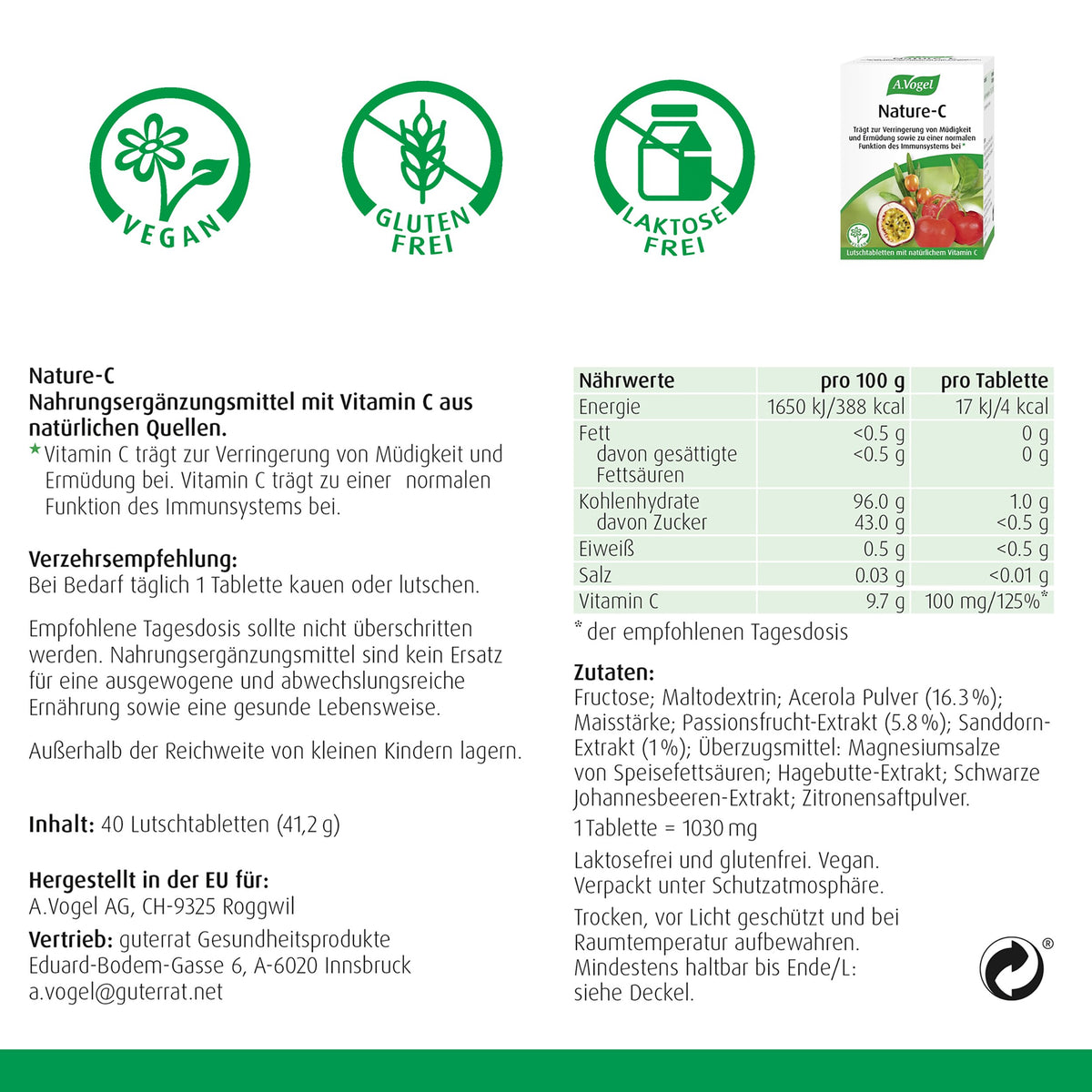 A.Vogel Nature-C – Packungsansichten, Nährwerte und Inhaltsstoffe